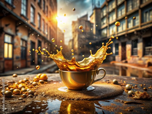 Golden Coffee Drop Splash: Urban Decay Freeze Motion Photography