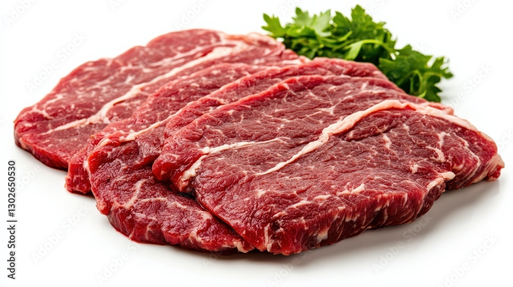 Fresh Raw Beef Cuts with Green Herb Garnish on White Background Fresh Raw Beef Cuts with Green Herb Garnish on White Background