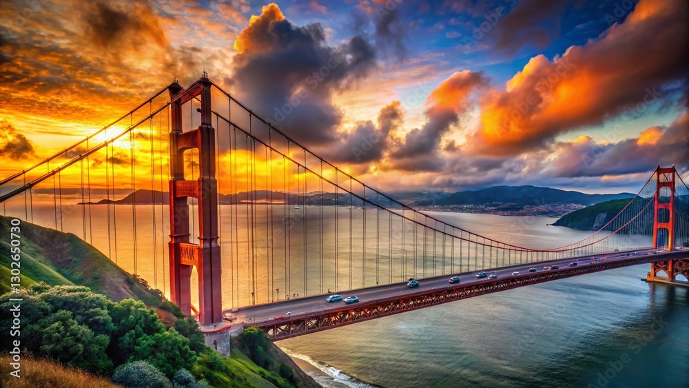 Fototapeta premium Golden Gate Bridge Sunset Panorama: San Francisco Skyline & Cloudy Sky