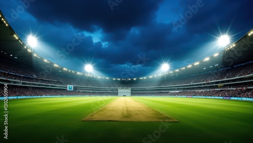 Floodlit cricket stadium, Grand floodlit cricket stadium at night vibrant colors roaring fans upward angle central pitch symmetry
