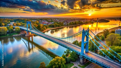 Golden Hour Aerial: Maumee River Blue Suspension Bridge photo