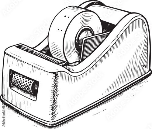 Sticky Tape Dispenser Holder Black and White Vector Illustration, Sketch Drawing Line Linear Engraving, Hand-drawn Isolated