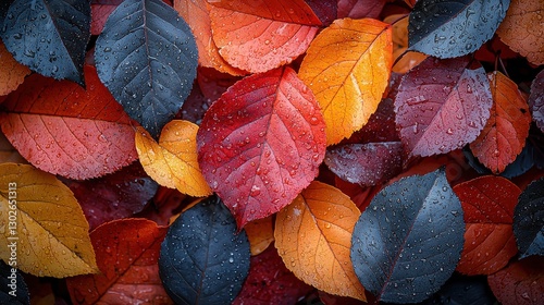 Vibrant autumn leaves covered in raindrops create a colorful natural mosaic in the forest