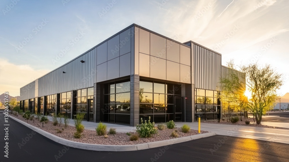 A commercial building with sleek, corrugated metal siding, reflecting sunlight. A commercial building with sleek, corrugated metal siding, reflecting sunlight.