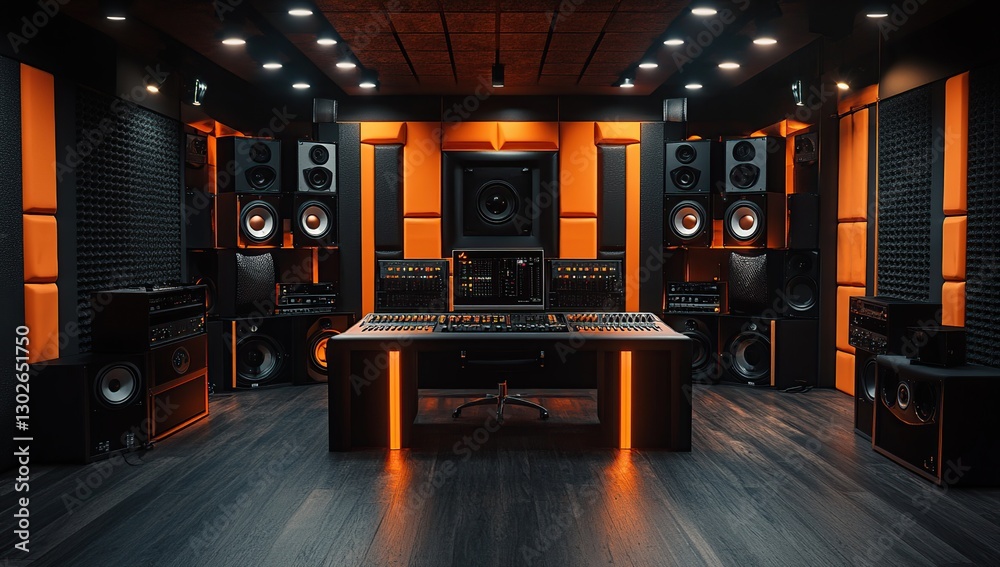 Fototapeta premium Modern Orange And Black Professional Music Recording Studio Interior