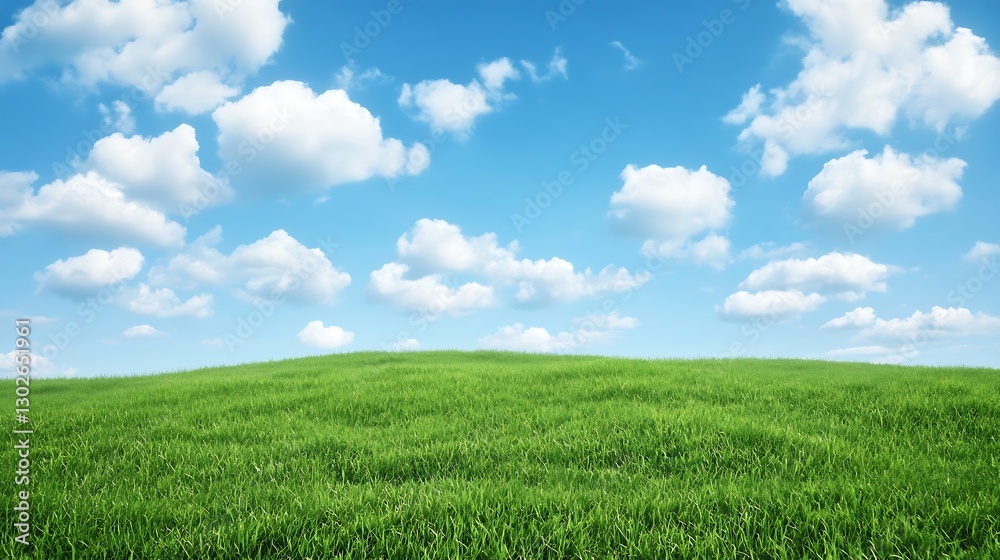 Lush green field under a bright blue sky with fluffy white clouds. Lush green field under a bright blue sky with fluffy white clouds.