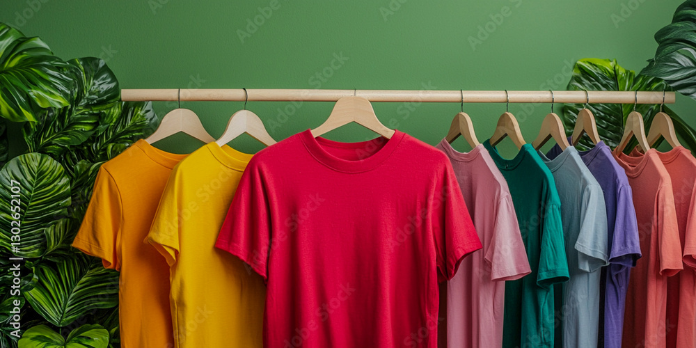 A colorful display of t-shirts on hangers against a green background, surrounded by vibrant foliage, showcasing a variety of shades and styles. A colorful display of t-shirts on hangers against a green background, surrounded by vibrant foliage, showcasing a variety of shades and styles.