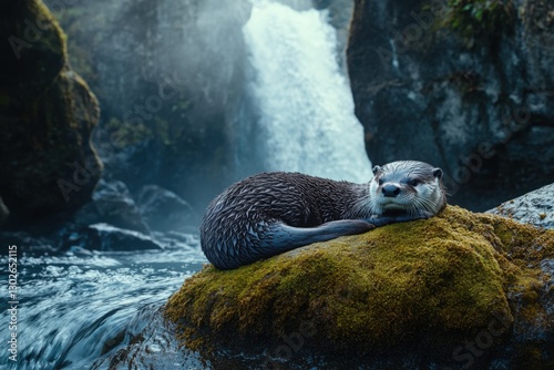 Wallpaper Mural a tranquil moment of an otter resting on a moss-covered rock near a flowing waterfall Torontodigital.ca