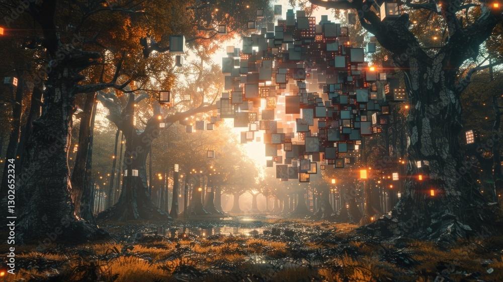 Obraz premium Mystic forest bathed in light, glowing cubes