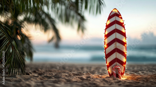 Christmas in July, Santa on the beach. Surfboard decorated with lights on a beach at sunset.