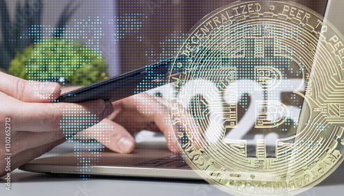 Obraz na płótnie Hands Using Smartphone and Laptop with Overlay of Bitcoin Cryptocurrency Symbol, Digital World Map, and Blockchain Technology Concept w salonie