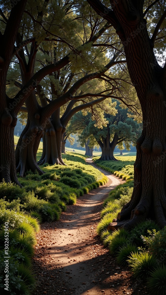 Lush Cypriot olive groves line serene pathway, inviting peaceful strolls amidst greenery and soft sunlight. Concept emphasizes beauty of Cypriot olive groves and nature's tranquility Lush Cypriot olive groves line serene pathway, inviting peaceful strolls amidst greenery and soft sunlight. Concept emphasizes beauty of Cypriot olive groves and nature's tranquility