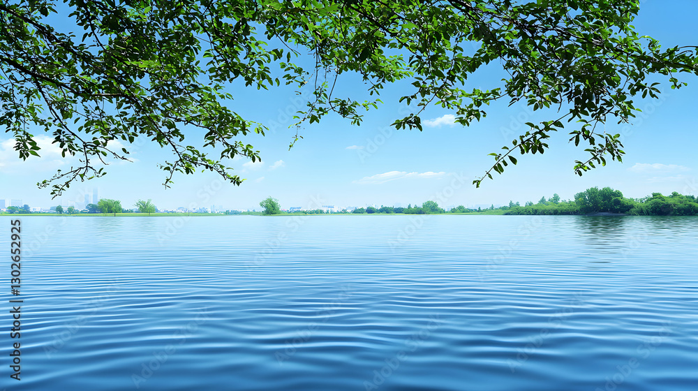 Serene Blue Lake Landscape Under a Sunny Sky Serene Blue Lake Landscape Under a Sunny Sky