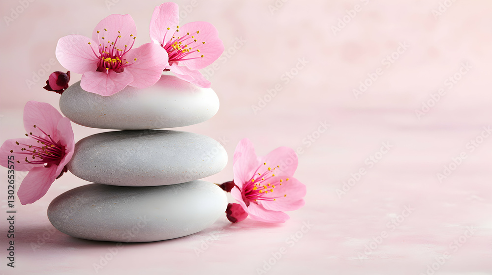 Stack of Gray Stones and Pink Flowers on Pink Background Stack of Gray Stones and Pink Flowers on Pink Background