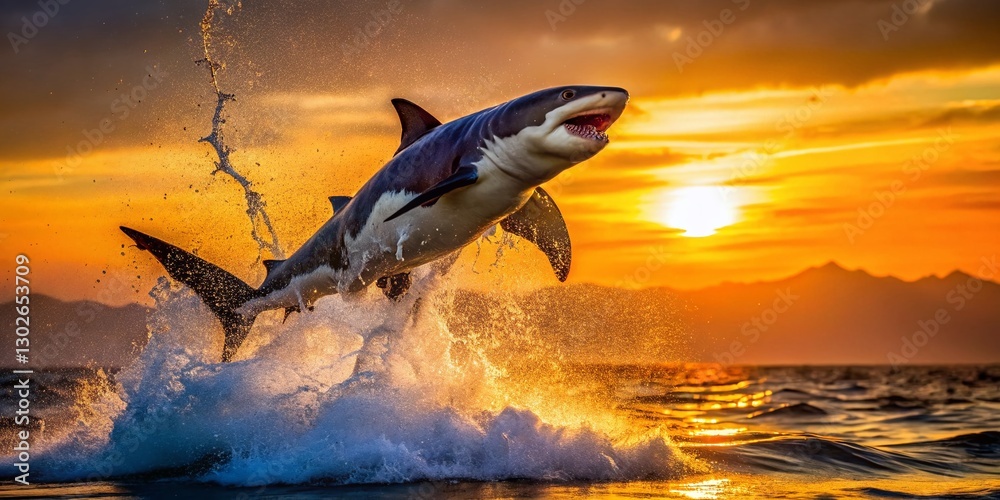 Fototapeta premium Great White Shark Sunset Leap: Dramatic Ocean Splash Stock Photo