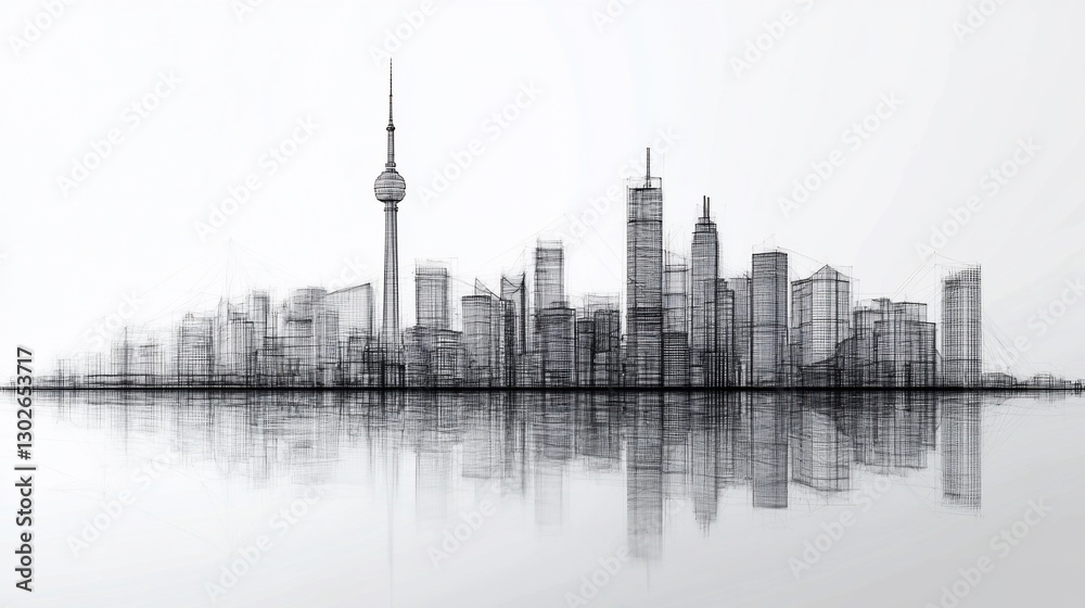 Naklejka premium Abstract Cityscape Drawing with Reflection, Urban Design and Architecture