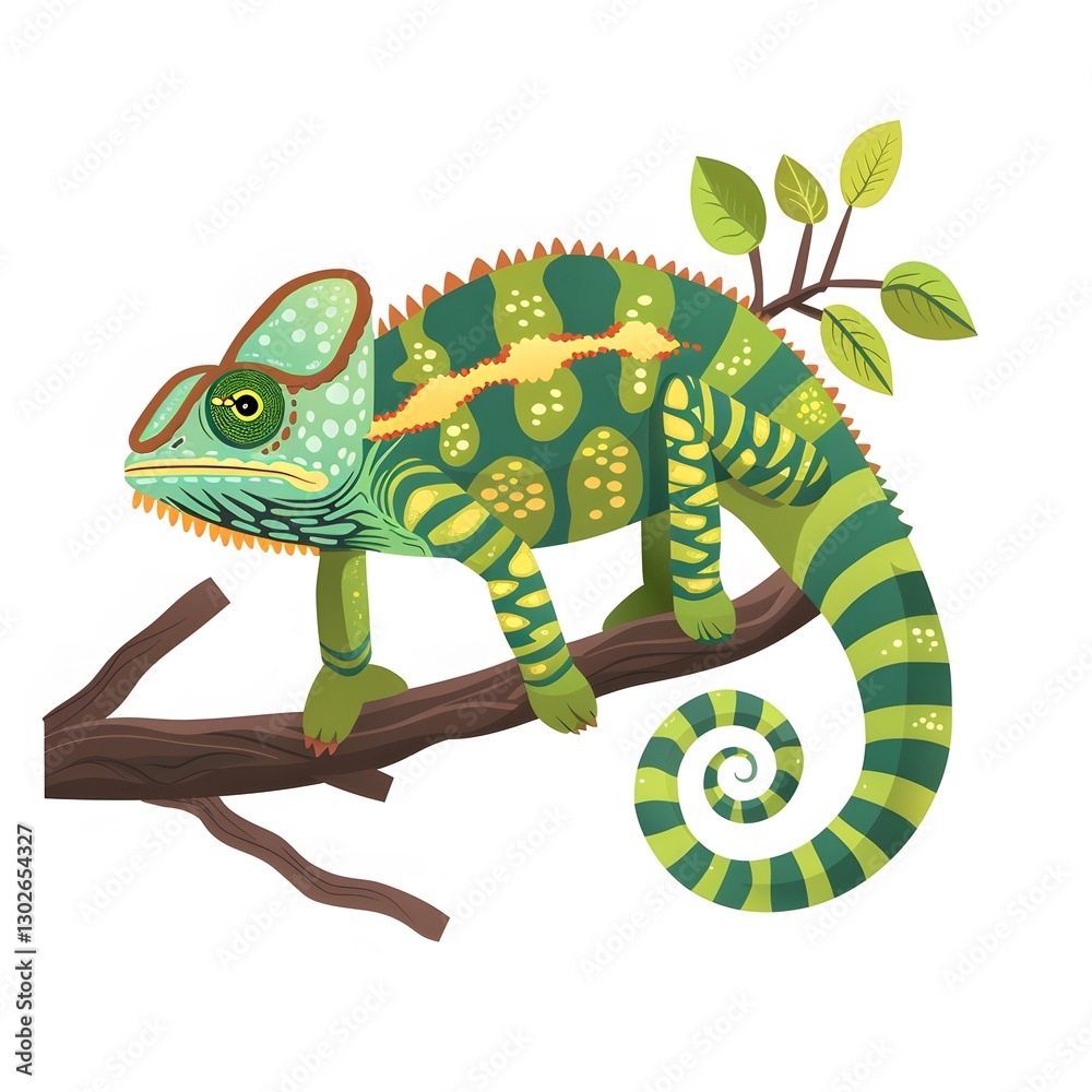 Obraz premium Colorful Chameleon Resting on Branch with Leaves in Cartoon Style