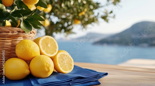 Fresh lemons by the seaside in a sunny setting