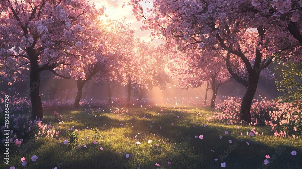 Blossoming cherry trees in magical light Blossoming cherry trees in magical light