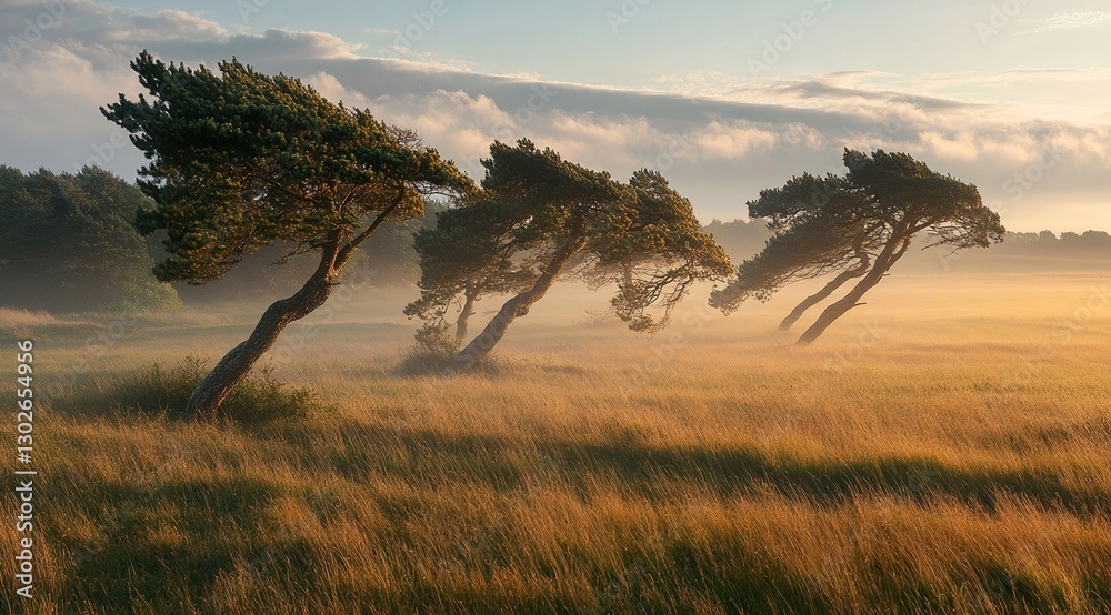 Obraz premium Windswept Trees in a Misty Field at Sunrise