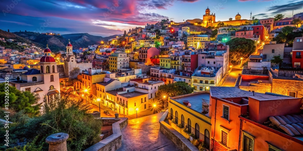 Fototapeta premium Guanajuato Mexico Night Photography: Colorful Buildings & Street Art
