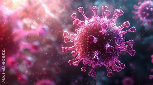 Vibrant Glowing 3D Virus Particle with Intricate Spikes Floating Against Dark Background