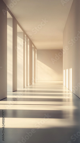 Minimalist interior with geometric patterns created by natural light filtering through columns, showcasing clean lines, tranquility, and a modern architectural aesthetic.