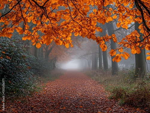 Autumn Foggy Woodland Path