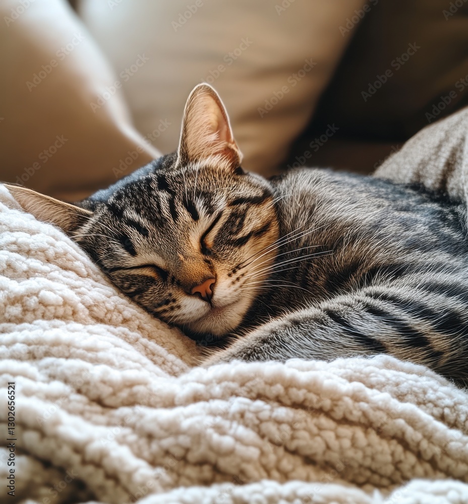 Cat sleeping peacefully on a cozy blanket in a warm living room during the afternoon Cat sleeping peacefully on a cozy blanket in a warm living room during the afternoon