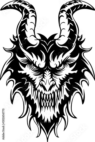 SVG vector features demonic dragons, hell creatures, and dark beasts.Black and White Stylized Illustration of a Horned Demon Face