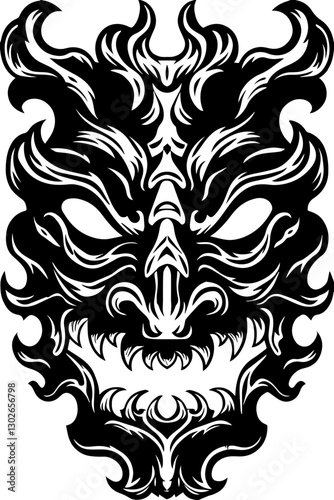 SVG vector features demonic dragons, hell creatures, and dark beasts.Black and White Dragon Mask Design with Intricate Details