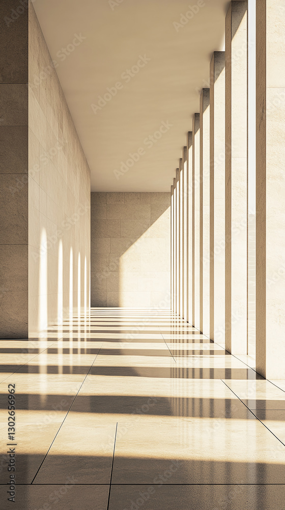 Modern interior with soft sunlight casting long shadows on the floor through architectural columns, showcasing minimalist design and a clean, spacious environment.