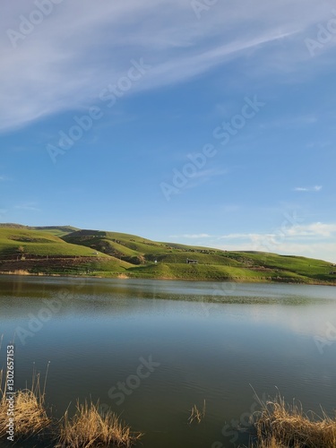 Scenic lake with rolling green hills under a blue sky