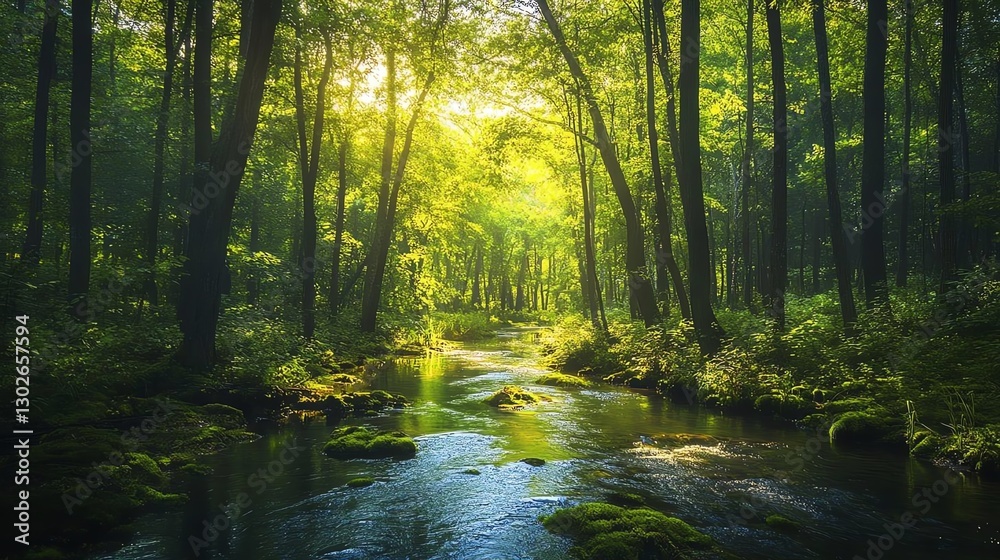 Fototapeta premium Lush forest with serene flowing stream