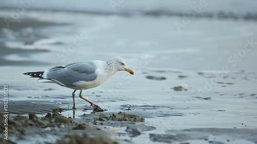 A white and grey seagull walking on the beach, leaving footprints in the sand as waves gently touch the shore.