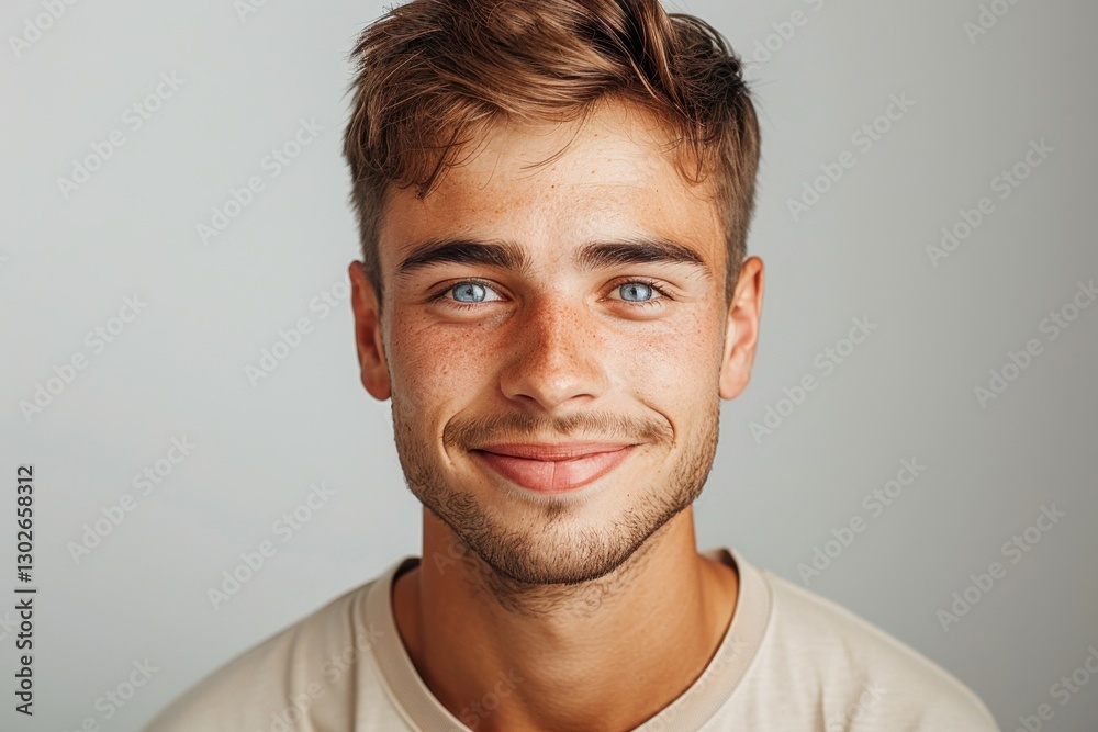 Obraz premium Young man with blue eyes and a warm smile in a light backdrop during daylight hours