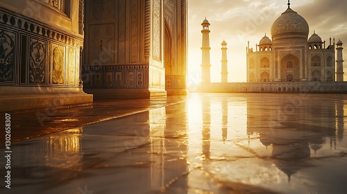 Taj Mahal Sunrise Reflection Golden Light