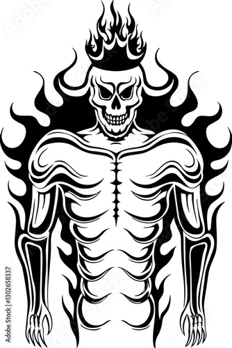 SVG vector features demonic creatures hell beasts and dark entities. Skeleton with Flames Graphic Design for Halloween or Horror Themes