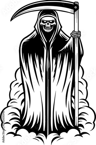 SVG vector features demonic creatures hell beasts and dark entities. Grim Reaper with Scythe Surrounded by Clouds in Black and White Design
