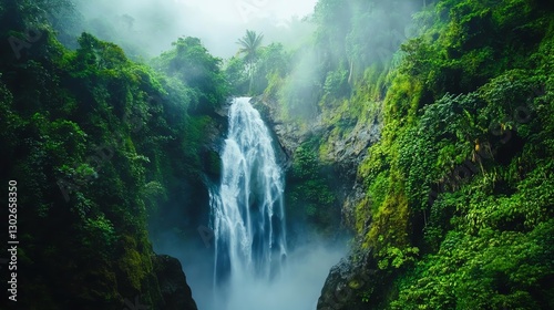 Majestic waterfall in lush green surroundings
