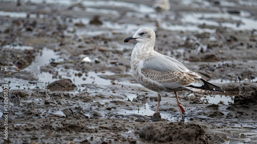 A white and grey seagull walking on the beach, leaving footprints in the sand as waves gently touch the shore.