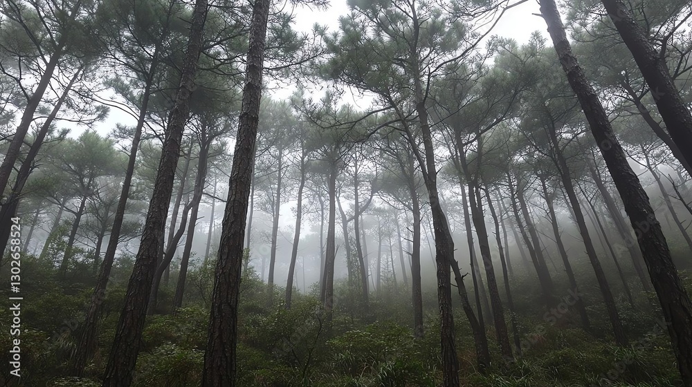 Naklejka premium Misty forest with tall trees and dense fog