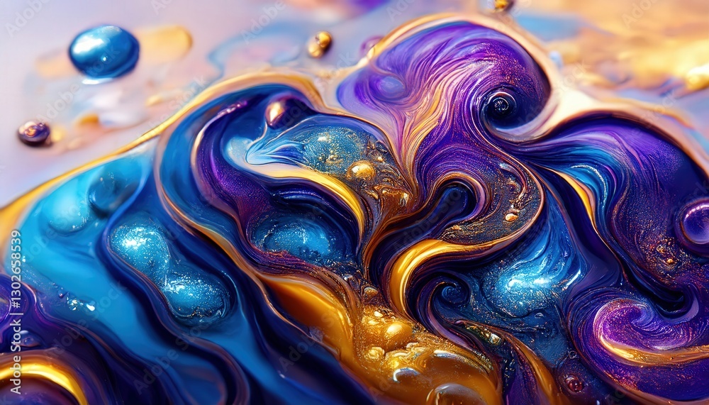 Naklejka premium Ultra-macro shot of metallic ink mixing with water, creating swirling iridescent patterns with shimmering highlights and deep, fluid motion.