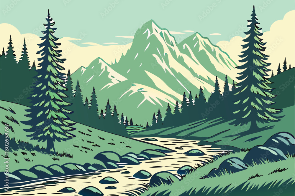 Fototapeta premium vector illustration of flat minimalist landscape with river, pine trees, and mountains 