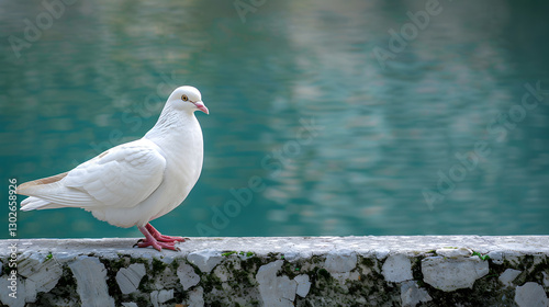 A white dove standing on the edge of an ancient stone structure, symbolizing peace and freedom in a historical setting.