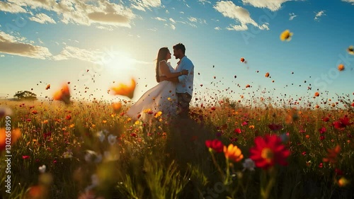 couple embrace in wild flower field