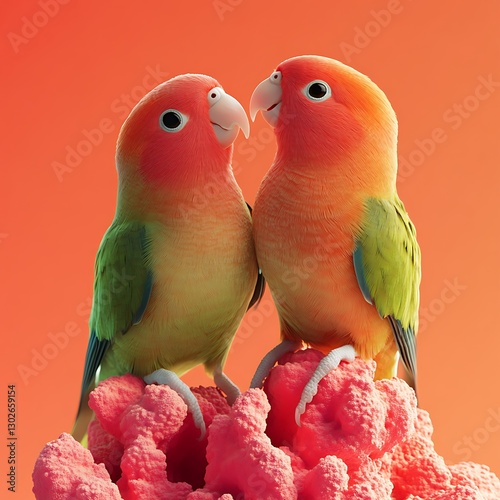 A pair of lovebirds sitting on a solid coral background,