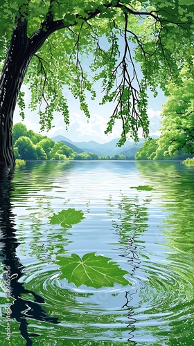 Serene lake, lush trees, mountain backdrop