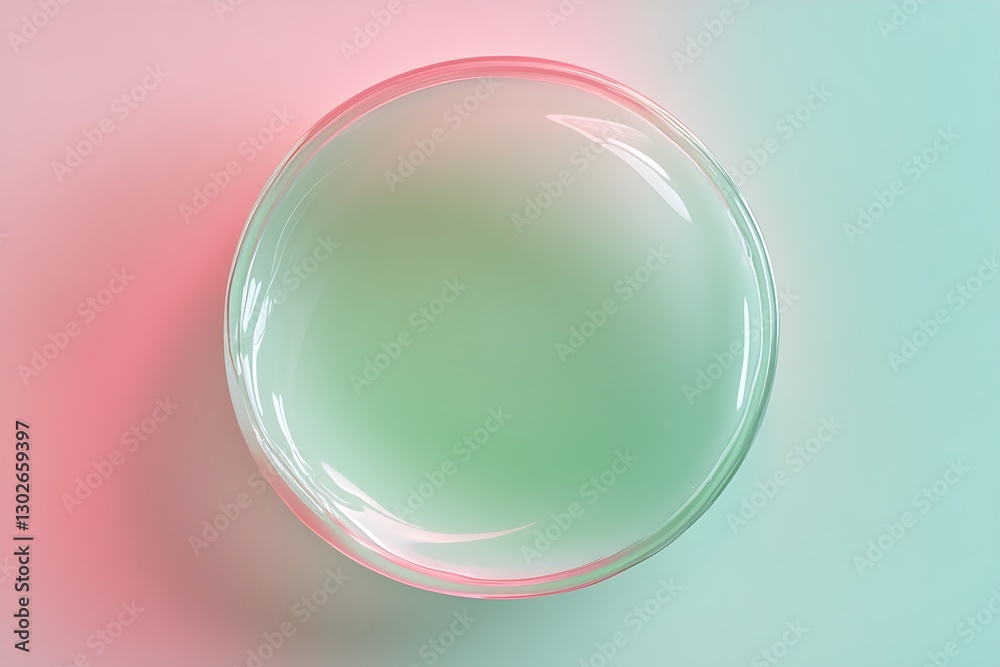 Obraz premium Abstract Mint Green Liquid in Glass Bowl, Pastel Pink Background, Top View