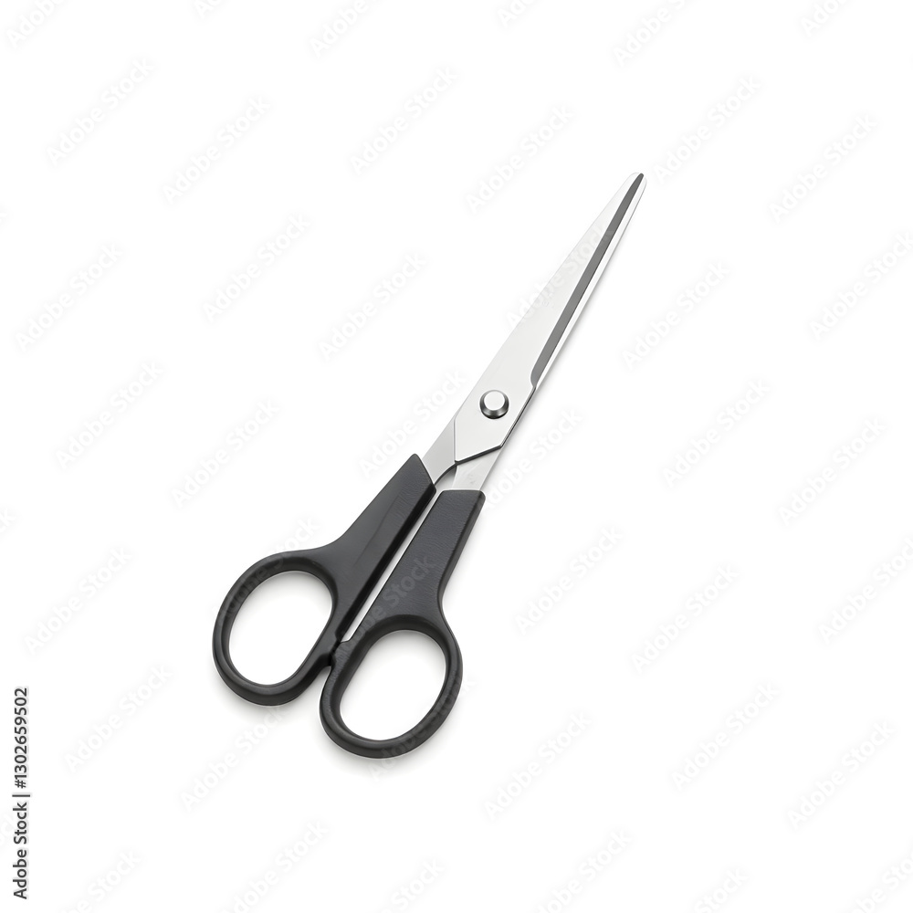 Pair of scissors with black handles lying on white background Pair of scissors with black handles lying on white background